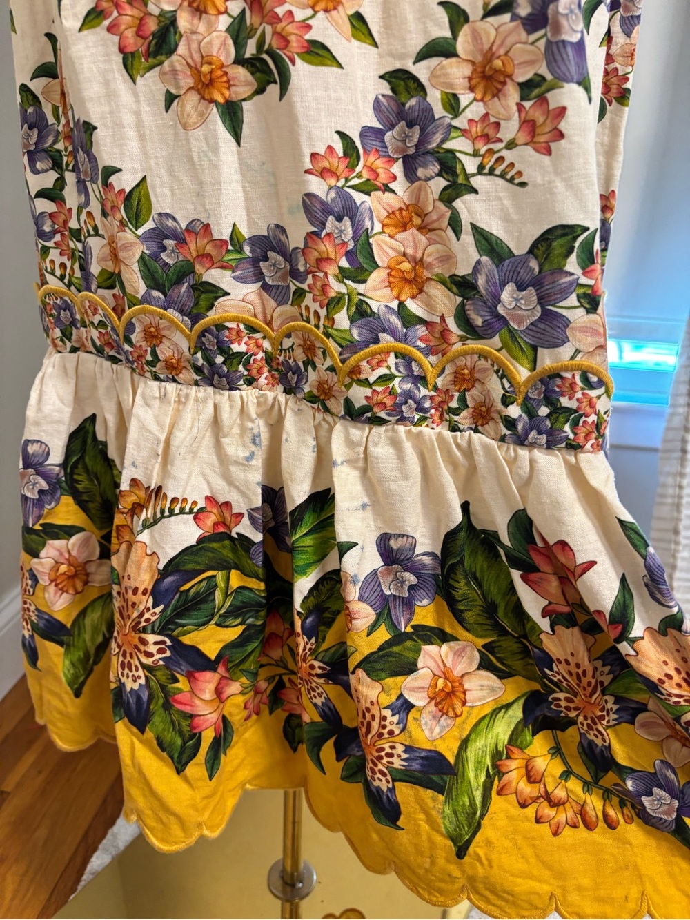 NWT Farm Rio Hilo Stripes Sand Floral Scalloped Midi Dress Small Pockets Linen - Picture 11 of 12